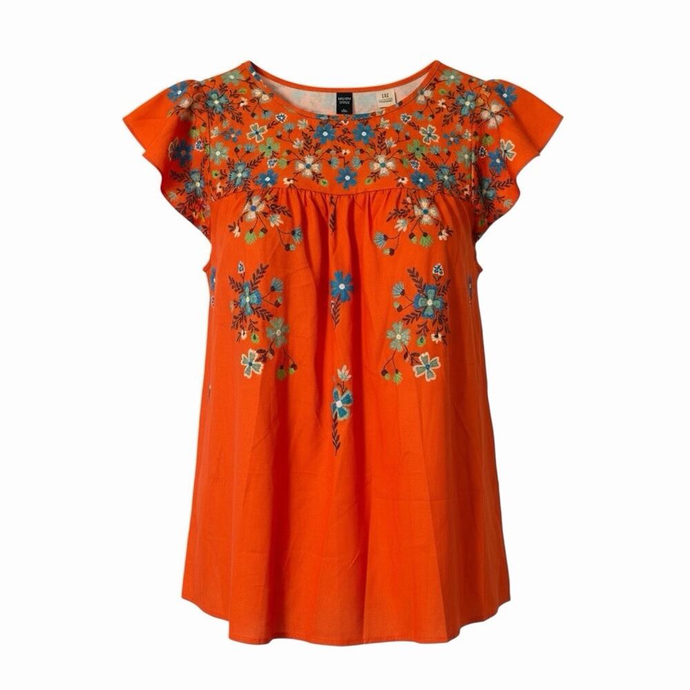 Emery Rose 2XL Orange Boho Floral Flutter Sleeve Blouse Top EUC